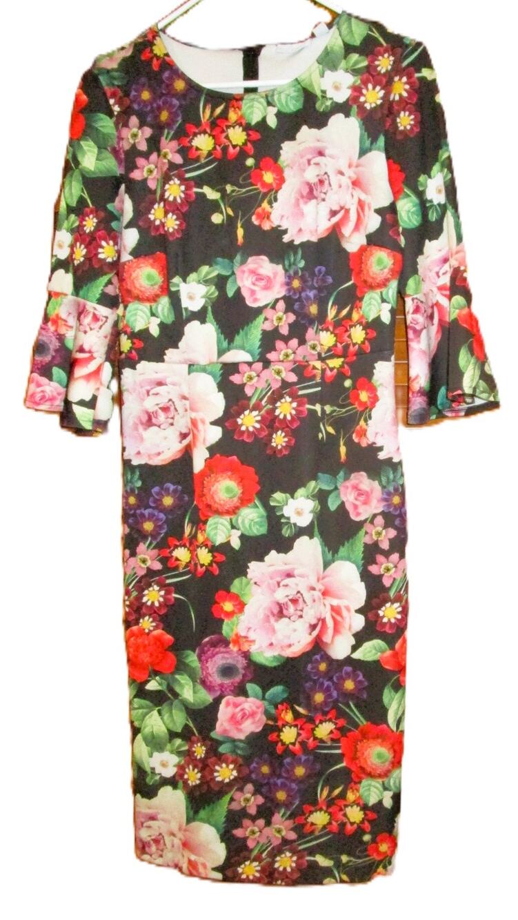 New York & Company Women's Black Midi Dress with Floral Print Zip Back Size M